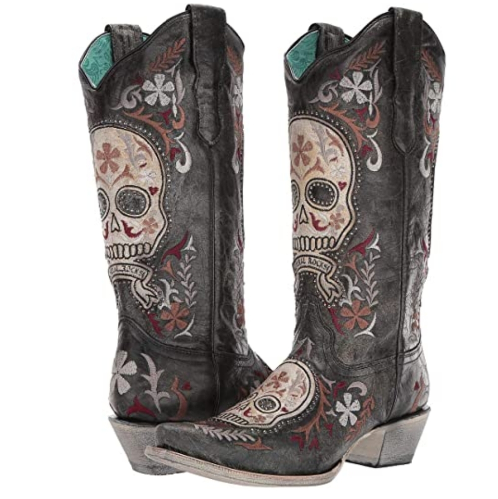 CORRAL E1587 distressed charcoal leather embroidered sugar skull boots sz 7 NWT